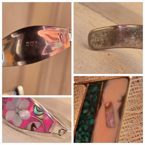 Vtg Alpaca Mexico German silver lot pink inlay MCM Bracelet & Geometric earrings - Picture 10 of 14